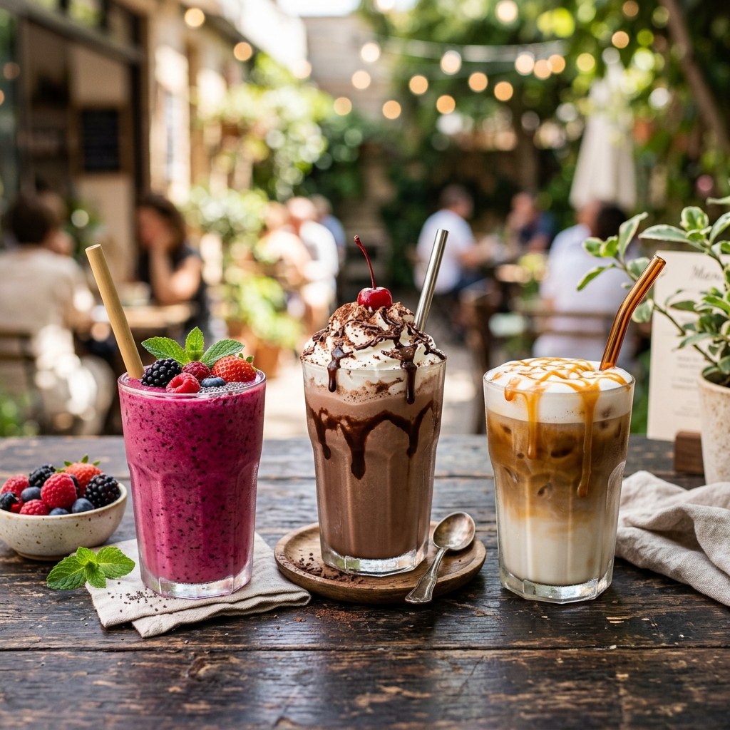 Selection of fruit smoothies and milkshakes served at Soho Caffe Deva