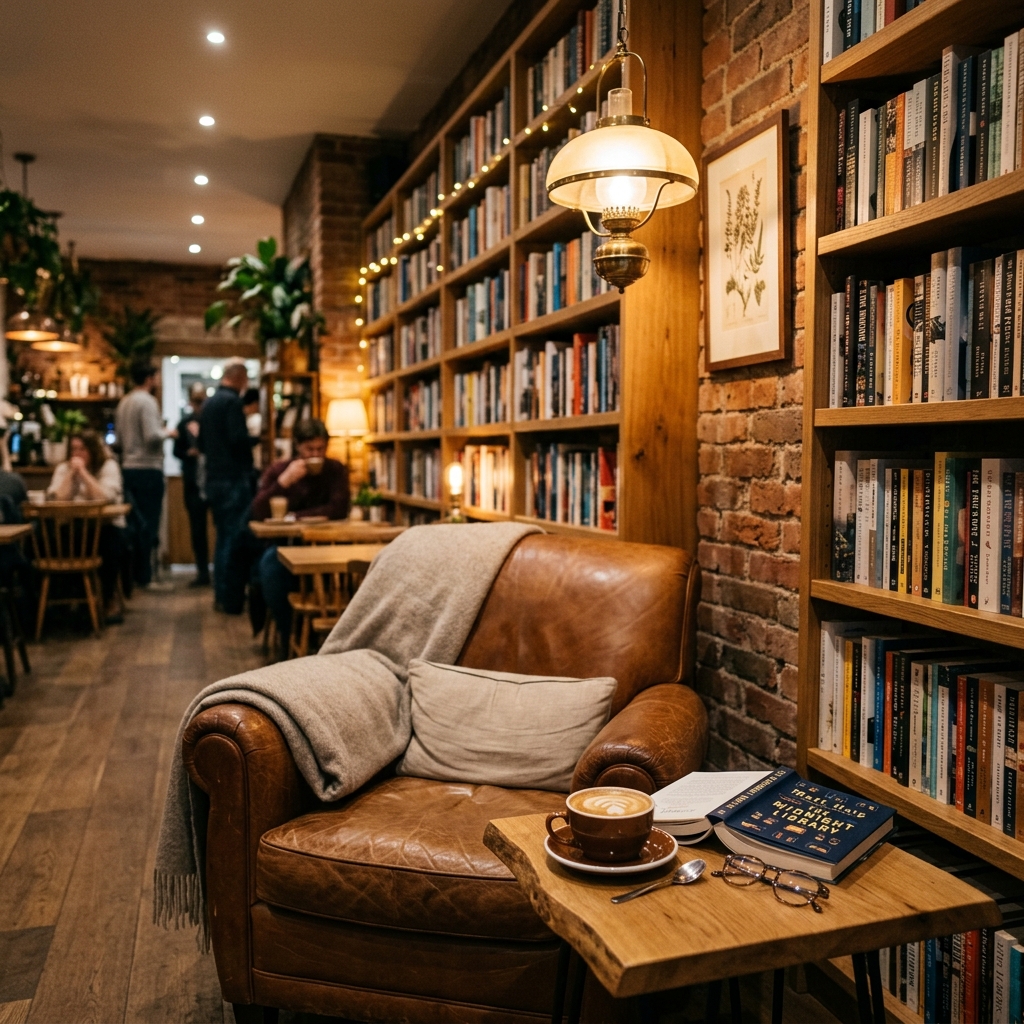 Cozy reading area in Soho Caffe Deva with armchairs and bookshelves